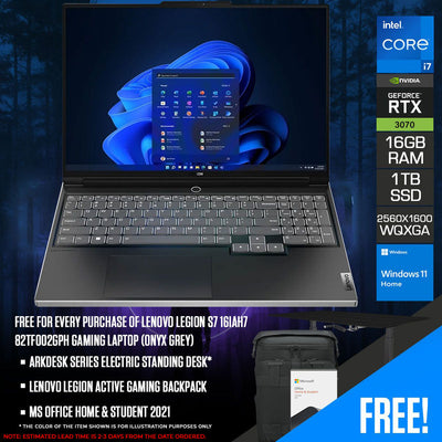 Lenovo Legion S7 16IAH7 82TF002GPH Laptop (Onyx Grey) | 16" WQXGA | i7-12700H | 16GB RAM | 1TB SSD | RTX 3070 | Windows 11 Home | MS Office Home & Student 2021 | Lenovo Legion Active Gaming Backpack | Arkdesk Series Electric Standing Desk