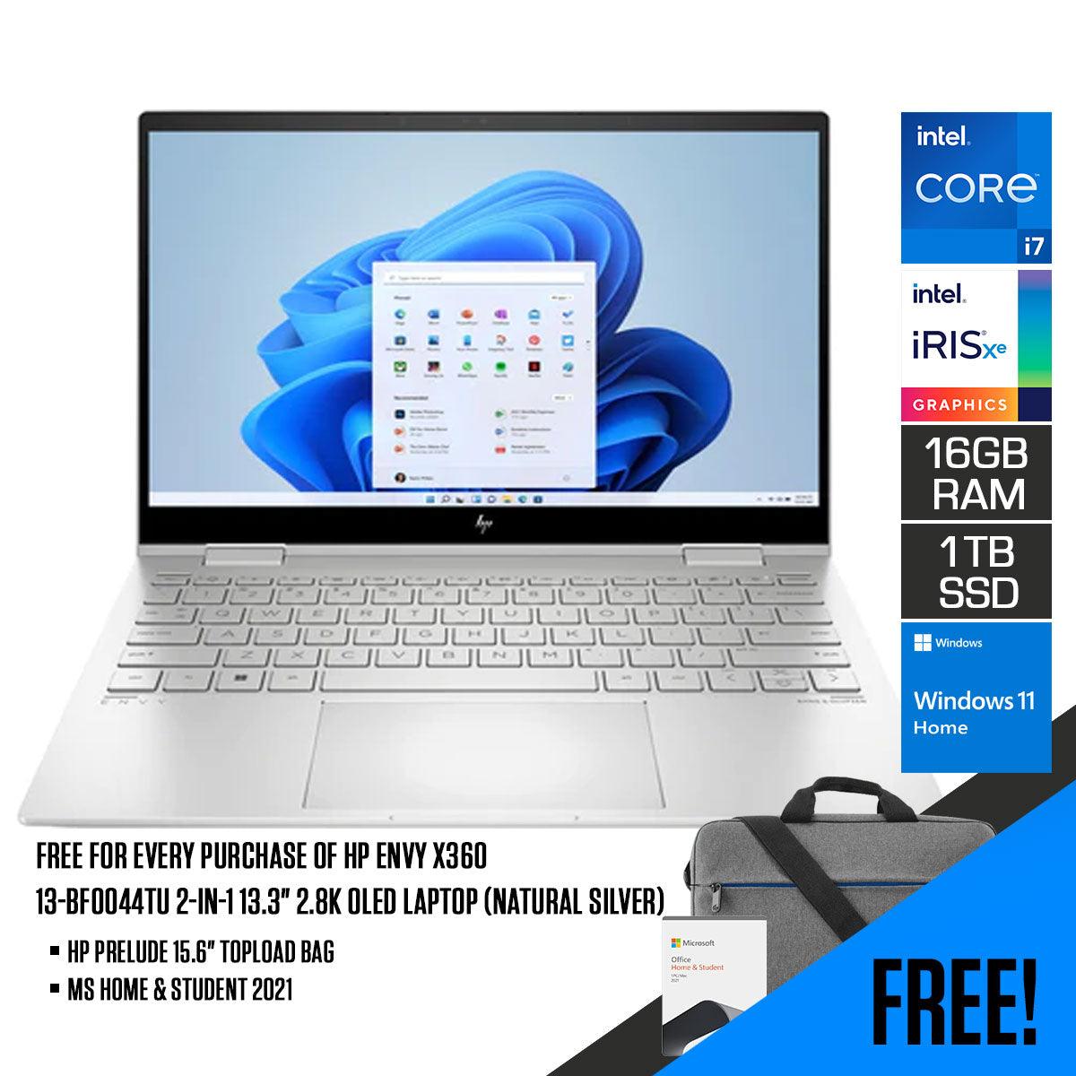 HP ENVY X360 13-BF0044TU 2-IN-1 LAPTOP (NATURAL SILVER) | 13.3" 2.8k OLED | i7-1250U | 16GB RAM DDR4 | 1TB SSD | Iris Xe Graphics | Windows 11 |MS Office H&S 2021 | HP Prelude 15.6" Topload Bag