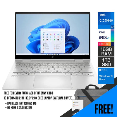 HP ENVY X360 13-BF0044TU 2-IN-1 LAPTOP (NATURAL SILVER) | 13.3" 2.8k OLED | i7-1250U | 16GB RAM DDR4 | 1TB SSD | Iris Xe Graphics | Windows 11 |MS Office H&S 2021 | HP Prelude 15.6" Topload Bag