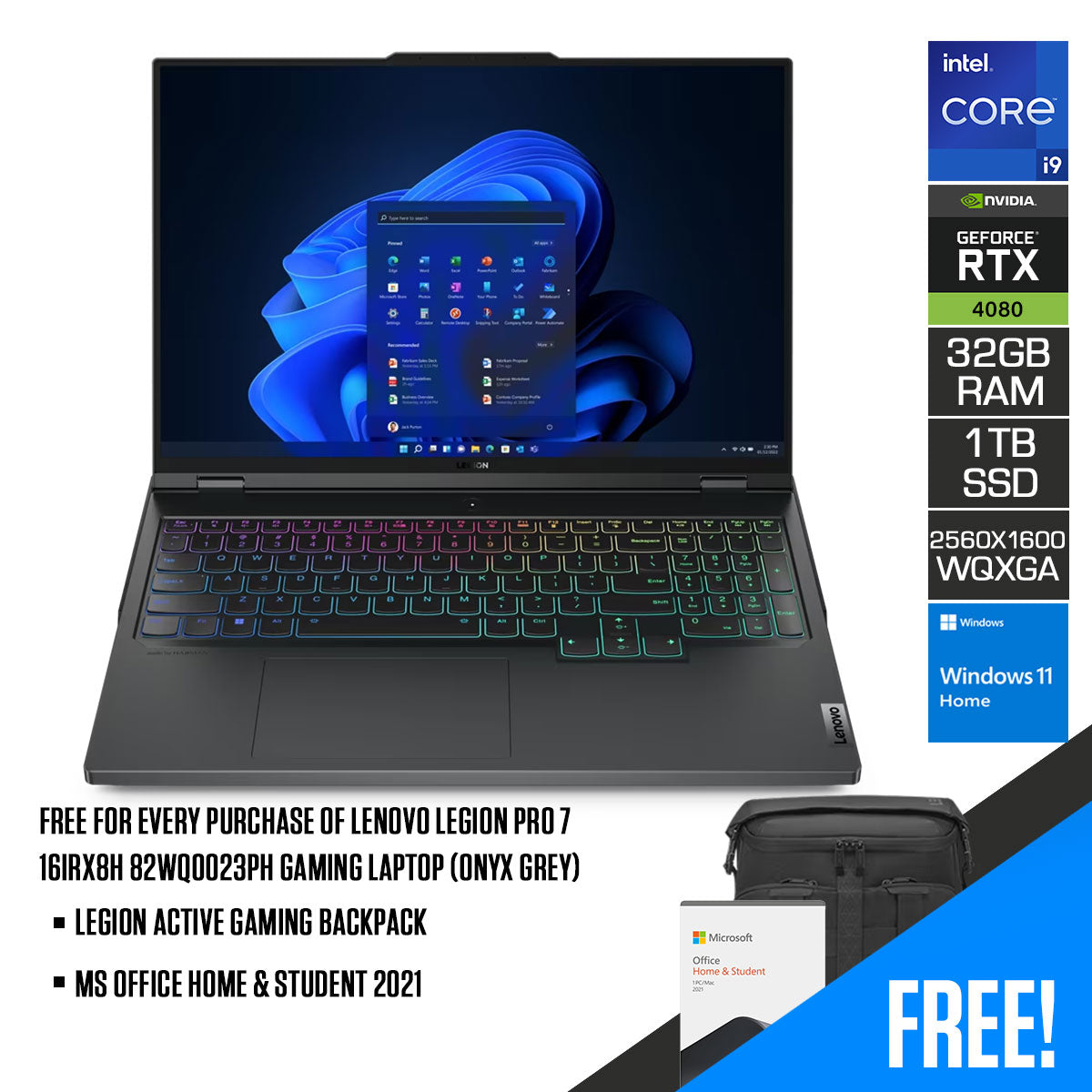 Lenovo Legion Pro 7 16IRX8H 82WQ0023PH Gaming Laptop (Onyx Grey) | 16" WQXGA (2560x1600) IPS | i9-13900HX | 32GB RAM | 1TB SSD | RTX 4080 | Windows 11 Home + MS Office H & S 2021 + Legion Active Gaming Backpack + Arkdesk Series Manual Cranking Desk
