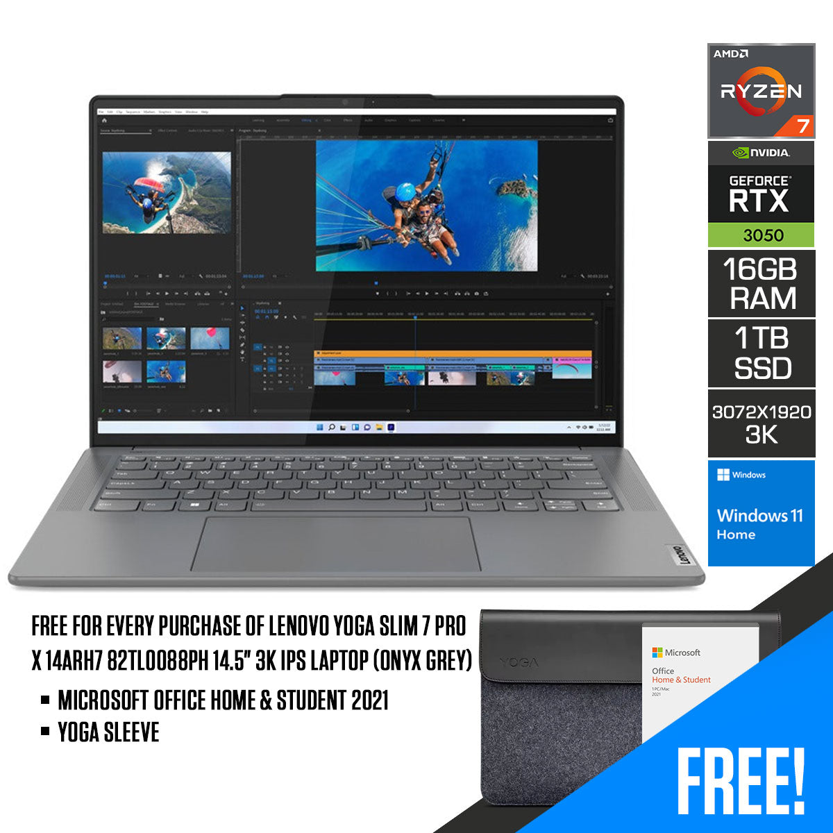 Lenovo Yoga Slim 7 Pro X 14ARH7 82TL0088PH 14.5" 3K IPS Laptop (Onyx Grey) | 14.5" (3072x1920) | Ryzen 7 6800HS | 16GB RAM | 1TB SSD | RTX 3050 | Windows 11 Home | MS Office Home & Student 2021 | Yoga Sleeve