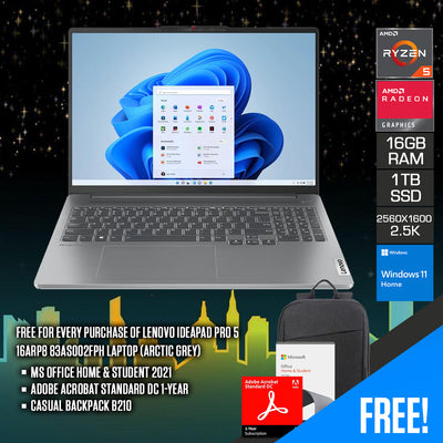 Lenovo Ideapad Pro 5 16ARP8 83AS002FPH Laptop (Arctic Grey) | 16" 2.5K (2560x1600) | Ryzen™ 5 7535HS | 16GB RAM | 1TB SSD | AMD Radeon™ 660M Graphics | Windows 11 Home | MS Office H&S 2021 | Adobe Acrobat Standard DC 1-Year | Casual Backpack B210