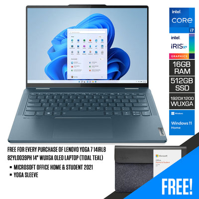Lenovo Yoga 7 14IRL8 82YL0039PH 14" WUXGA OLED Laptop (Tidal Teal) | 14” (1920x1200) | i7 1360P | 16GB RAM | 512GB SSD | Intel Iris Xe Graphics | Windows 11 Home | MS Office Home & Student 2021 | Yoga Sleeve