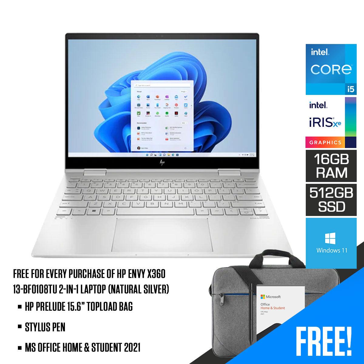 HP Envy X360 13-BF0108TU 2-In-1 Laptop (Natural Silver) | 13.3”  WUXGA | i5-1230U | 16 GB RAM | 512 GB SSD | Intel Iris Xe | Windows 11 |  MS Office H&S 2021 | Stylus Pen | HP Prelude 15.6”  Topload Bag