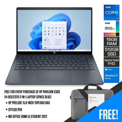HP Pavilion X360 14-EK0123TU 2-In-1 Laptop (Space Blue) | 14" FHD (1920 x 1080) | i7-1255U | 16GB RAM | 512GB SSD | Intel Iris Xe Graphics | Windows 11 Home | MS Office H&S 2021 | Stylus Pen | HP Prelude 15.6-Inch Topload Bag
