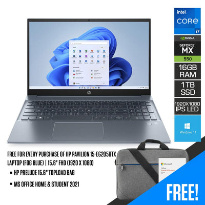HP Pavilion 15-EG2058TX Laptop (Fog Blue) | 15.6" FHD (1920 x 1080) IPS LED | i7-1255U | 16 GB DDR4 RAM | 1 TB SSD | NVIDIA GeForce MX550 | Windows 11 | MS Office Home & Student 2021 | HP PRELUDE 15.6" Topload Bag