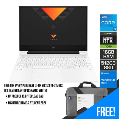 HP Victus 16-D1176TX IPS Gaming Laptop (Ceramic White) | 16.1" FHD | i5-12500H | 16 GB DDR5 | 512 GB SSD | RTX™ 3060 | Windows 11 | MS Office Home & Student 2021 | HP Prelude 15.6”  Topload Bag