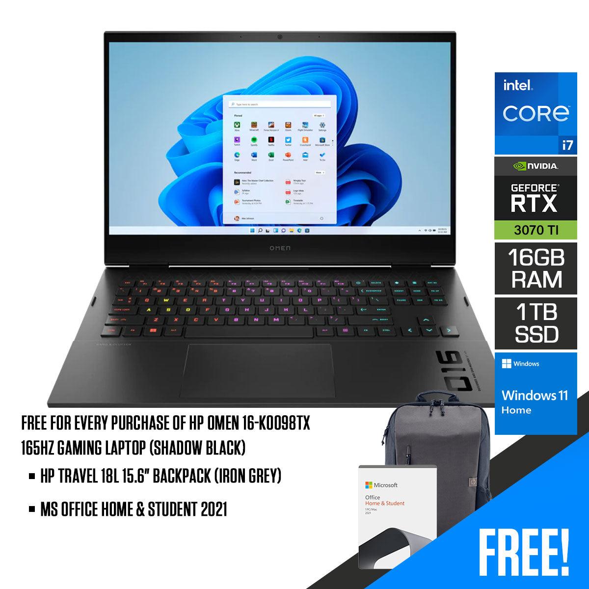 HP OMEN 16-K0098TX 165HZ Gaming Laptop (Shadow Black) | 16.1" QHD IPS | i7-12700H | 16GB DDR5 | 1TB SSD | RTX 3070Ti | Windows 11 Home + MS Office Home & Student 2021 + HP Travel 18L 15.6" Backpack (Iron Grey)