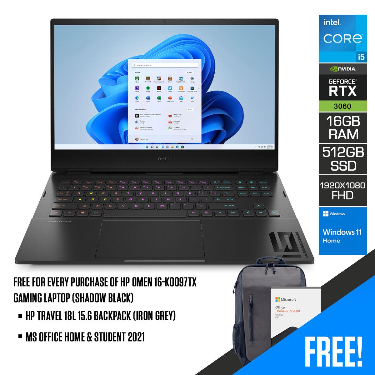 HP Omen 16-K0097TX Gaming Laptop (Shadow Black) | 16.1" FHD IPS (1920 x 1080) | i5-12500H | 16GB RAM | 512GB SSD | RTX™ 3060 | Windows 11 | MS Office Home & Student 2021 | HP Travel 18L 15.6 Backpack (Iron Grey)