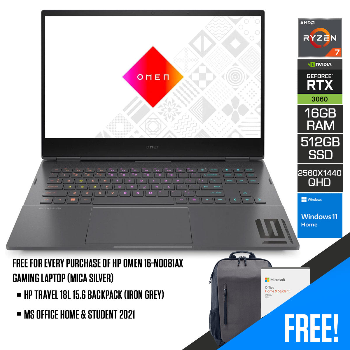HP Omen 16-N0081AX Gaming Laptop (Mica Silver) | 16.1” QHD IPS (2560 x 1440) | Ryzen™ 7 6800H | 16GB RAM | 512GB SSD | RTX 3060 | Windows 11 Home |  MS Office Home & Student 2021 | HP Travel 18L 15.6 Backpack (Iron Grey)