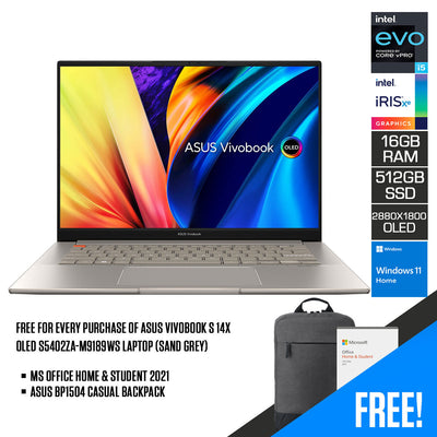 Asus Vivobook S 14X OLED S5402ZA-M9189WS Laptop (Sand Grey) | 14.5" (2880 x 1800) | i5 12500H | 16GB RAM DDR4 | 512 GB SSD | Intel Iris Xe Graphics | Windows 11 Home | MS Office Home & Student 2021 | Asus BP1504 Casual Backpack