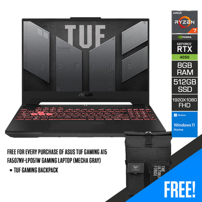 Asus TUF Gaming A15 FA507NU-LP066W Gaming Laptop (Mecha Gray) | 15.6” FHD | Ryzen 7 7735HS | 8GB DDR5 | 512GB SSD | RTX 4050 | Windows 11 Home | TUF Gaming Backpack