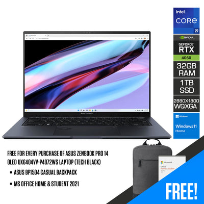 Asus Zenbook Pro 14 OLED UX6404VV-P4072WS Laptop (Tech Black) | 14.5" WQXGA (2880x1800) OLED | i9 13900H | 32GB RAM | RTX 4060 | 1TB SSD | Windows 11 Home | MS Office Home & Student 2021 | Asus BP1504 Casual Backpack