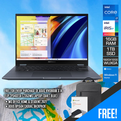 Asus Vivobook S 14 Flip TP3402ZA-LZ353WS Laptop (Quiet Blue) | 14" (1920x1200) | i7-12700H | 16GB RAM | 1TB SSD | Intel Iris Xe Graphics | Windows 11 Home | MS Office Home & Student 2021 | Asus BP1504 Casual Backpack