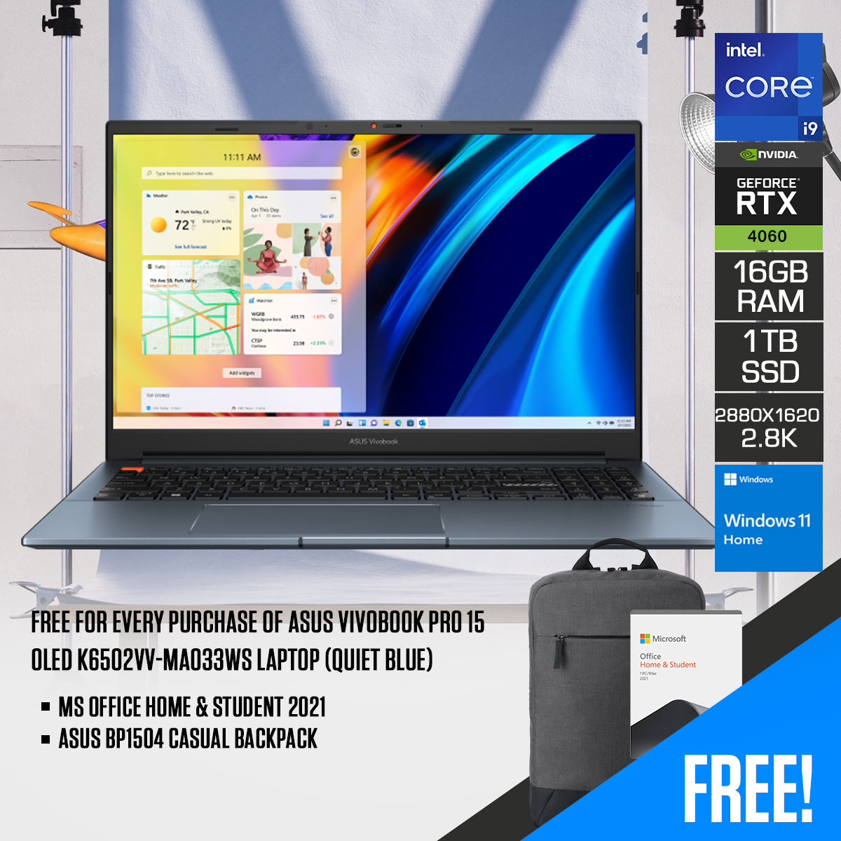 Asus Vivobook Pro 15 OLED K6502VV-MA033WS Laptop (Quiet Blue) | 15.6" 2.8K (2880 x 1620) OLED |  i9-13900H | 16 GB RAM | 1 TB SSD | RTX 4060 | Windows 11 Home | MS Office Home & Student 2021 | ASUS BP1504 Casual Backpack