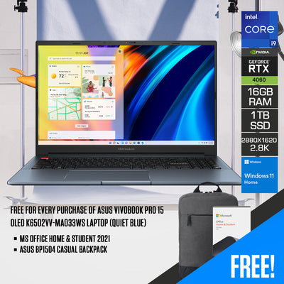 Asus Vivobook Pro 15 OLED K6502VV-MA033WS Laptop (Quiet Blue) | 15.6" 2.8K (2880 x 1620) OLED |  i9-13900H | 16 GB RAM | 1 TB SSD | RTX 4060 | Windows 11 Home | MS Office Home & Student 2021 | ASUS BP1504 Casual Backpack