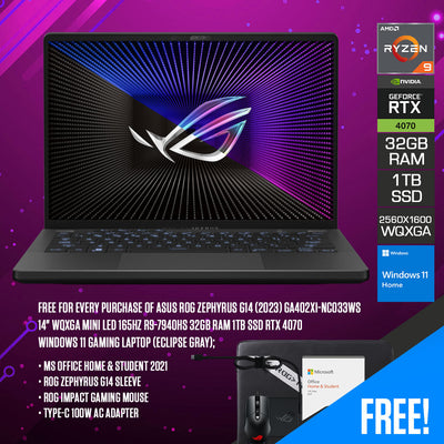 Asus ROG Zephyrus G14 (2023) GA402XI-NC033WS Gaming Laptop (Eclipse Gray) | 14" WQXGA Mini LED 165HZ | R9 7940HS | 32GB RAM | 1TB SSD | RTX 4070 | Win 11 Home | MS Office H & S 2021 | ROG Zephyrus G14 Sleeve | ROG Impact Gaming Mouse | Type-C Adapter