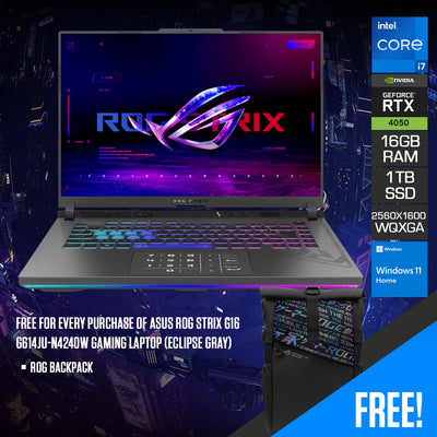 Asus ROG Strix G16 G614JU-N4240W Gaming Laptop (Eclipse Gray) | 16" QHD+ 240Hz WQXGA (2560x1600) | i7-13650HX | 16GB RAM | 1TB SSD | RTX™ 4050 | Windows 11 Home | ROG Backpack