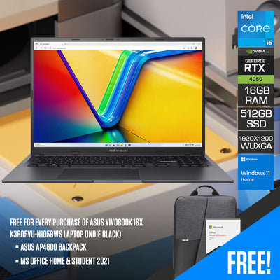 Asus Vivobook 16X K3605VU-N1059WS Laptop (Indie Black) | 16" WUXGA (1920x1200) | i5 13500H | 16GB RAM | 512GB SSD | RTX 4050 | Windows 11 Home | MS Office Home & Student 2021 | Asus AP4600 Backpack