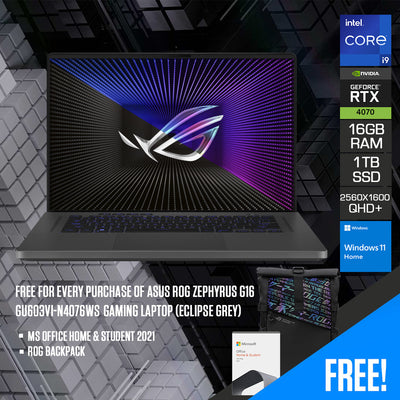 Asus ROG Zephyrus G16 GU603VI-N4076WS Gaming Laptop (Eclipse Grey) | 16" QHD+ (2560x1600) 240Hz | i9-13900H | 16GB RAM  | 1TB SSD | RTX 4070 | Windows 11 Home | MS Office Home & Student 2021 | ROG Backpack