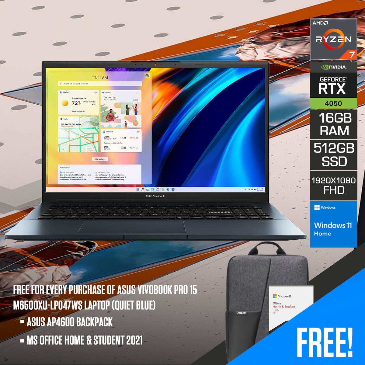 Asus Vivobook Pro 15 M6500XU-LP047WS Laptop (Quiet Blue) | 15.6" FHD (1920x1080) | Ryzen 7 7840HS | 16GB RAM | 512GB SSD | RTX 4050 | Windows 11 Home | MS Office Home & Student 2021 | Asus AP4600 Backpack