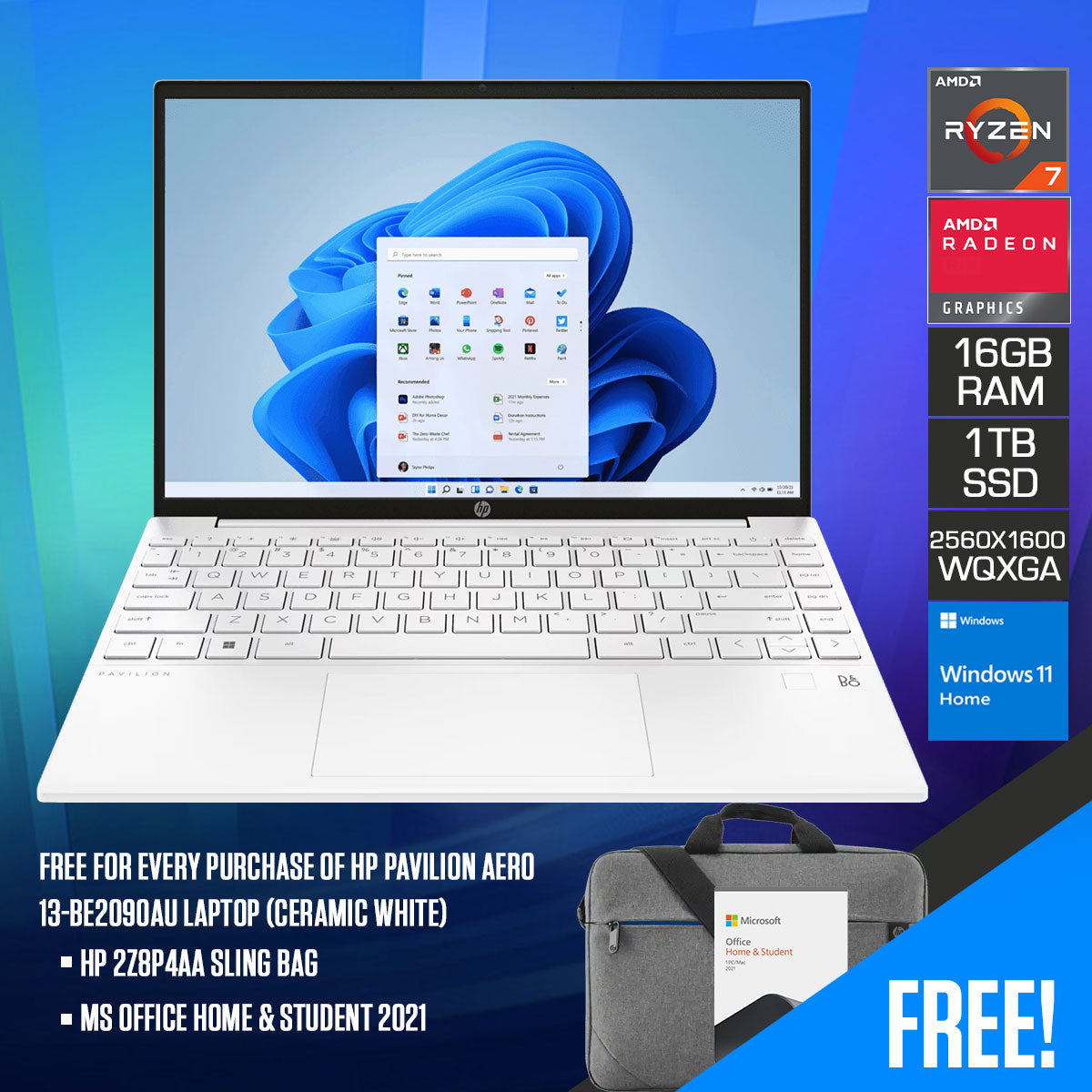 HP Pavilion Aero 13-BE2090AU Laptop (Ceramic White) | 13.3" WQXGA (2560X1600) | RYZEN 7 7735U | 16GB RAM | 1TB SSD | AMD Radeon Graphics | Windows 11 Home | MS Office Home & Student 2021 | HP 2Z8P4AA Sling Bag