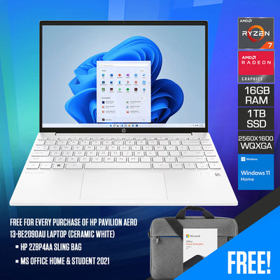 HP Pavilion Aero 13-BE2090AU Laptop (Ceramic White) | 13.3" WQXGA (2560X1600) | RYZEN 7 7735U | 16GB RAM | 1TB SSD | AMD Radeon Graphics | Windows 11 Home | MS Office Home & Student 2021 | HP 2Z8P4AA Sling Bag