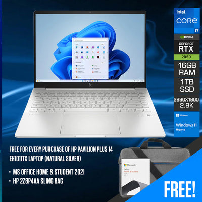 HP Pavilion Plus 14-EH1011TX Laptop (Natural Silver) | 14” OLED (2880x1800) | i7-1335U | 16GB RAM | 512GB SSD | RTX 2050 | Windows 11 Home | MS Office Home & Student 2021 | HP 2Z8P4AA Sling Bag