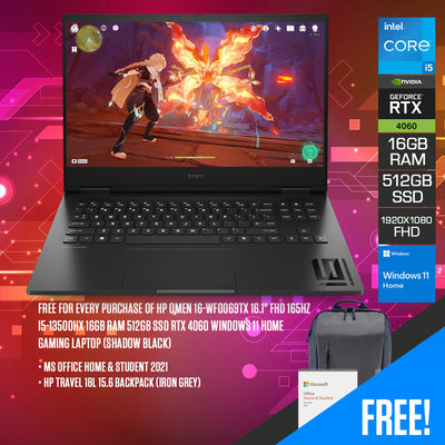 HP Omen 16-WF0069TX Gaming Laptop (Shadow Black) | 16.1" FHD | 165HZ | i5-13500HX | 16GB RAM | 512GB SSD | RTX 4060 | Windows 11 Home | MS Office Home & Student 2021 | HP Travel 18L 15.6 Backpack (Iron Grey)