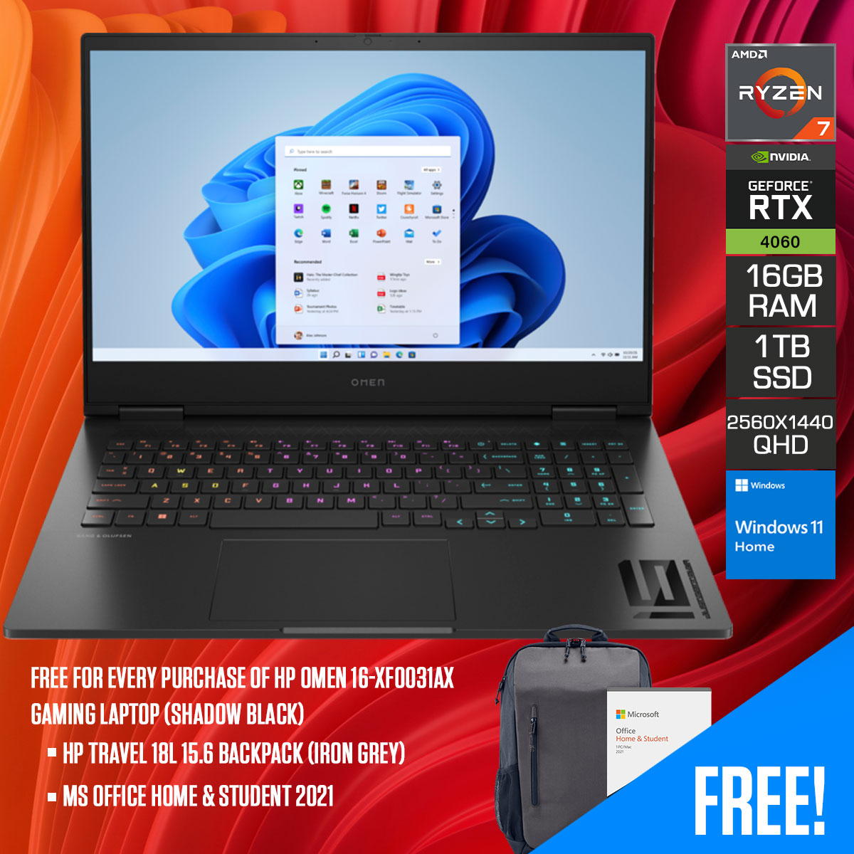 HP Omen 16-XF0031AX Gaming Laptop (Shadow Black) | 16.1" QHD | 240HZ | R7-7840HS | 16GB RAM | 1TB SSD | RTX 4060 | Windows 11 Home | MS Office Home & Student 2021 | HP Travel 18L 15.6 Backpack (Iron Grey)