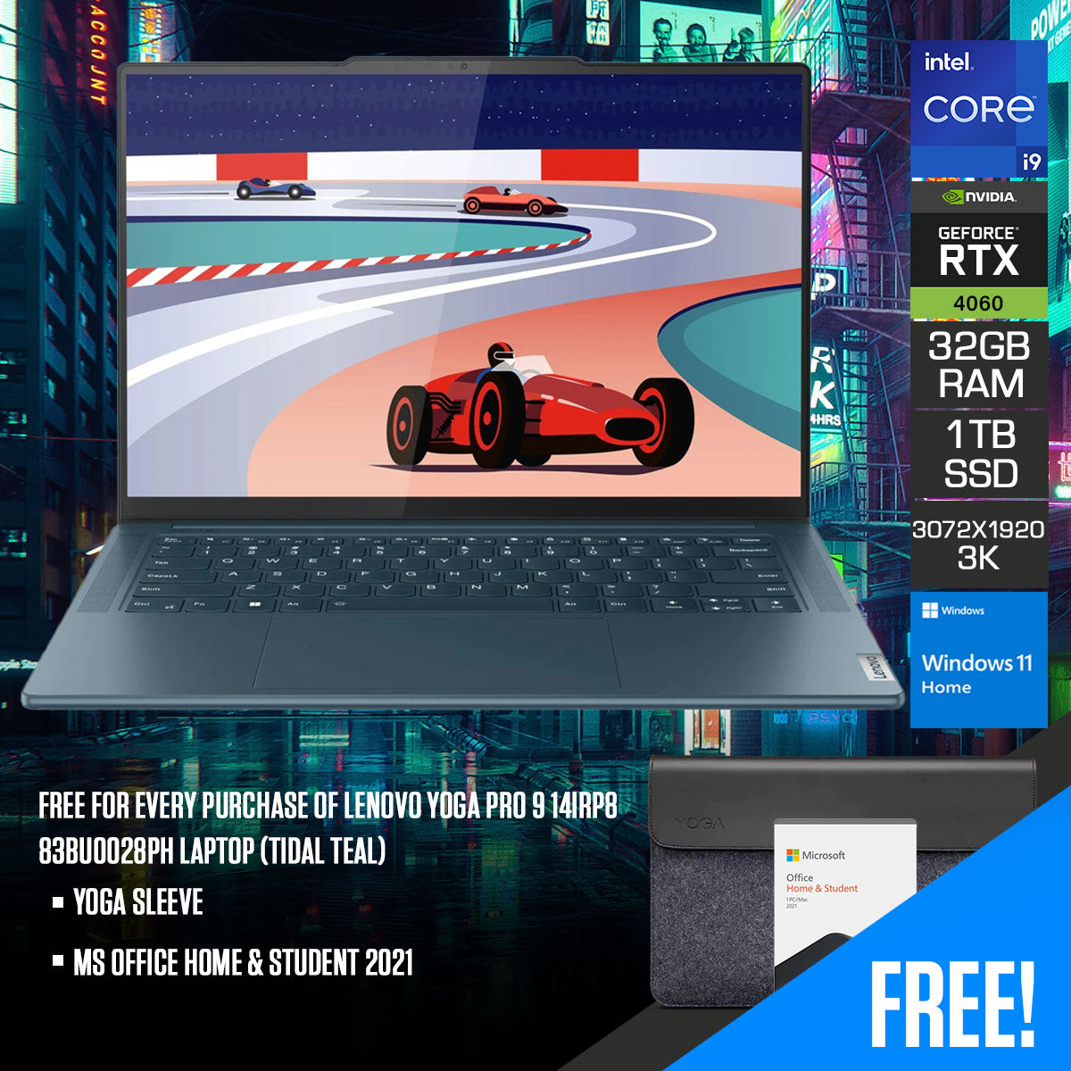 Lenovo Yoga Pro 9 14IRP8 83BU0028PH Laptop (Tidal Teal) | 14.5" 3K (3072X1920) | i9-13905H | 32GB RAM | 1TB SSD | RTX 4060 | Windows 11 Home | MS Office Home & Student 2021 | Yoga Sleeve