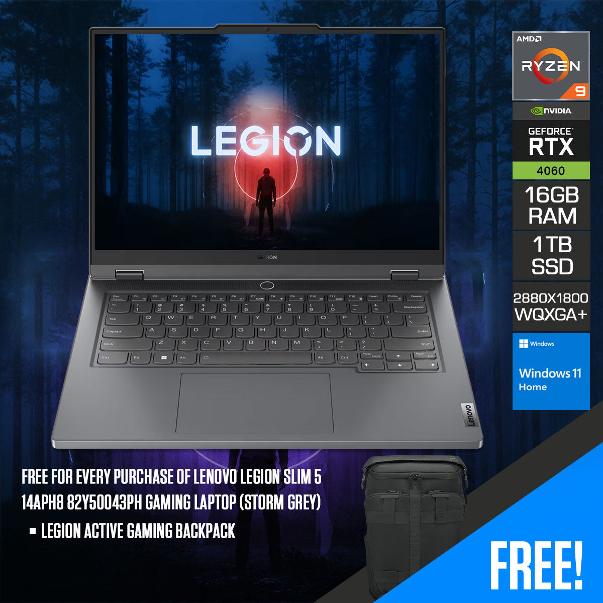 Lenovo Legion Slim 5 14APH8 82Y50043PH Gaming Laptop (Storm Grey) | 14.5” WQXGA+ (2880X1800) OLED | Ryzen 9 7940HS | 16GB RAM | 1TB SSD | RTX 4060 | Windows 11 Home | Legion Active Gaming Backpack