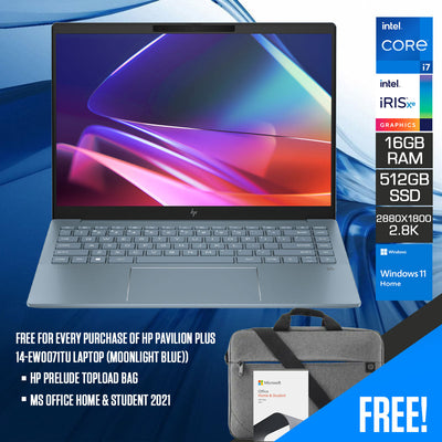 HP PAVILION Plus 14-EW0070TU Laptop (Moonlight Blue) | 14" 2.8K (2880X1800) | i7-1355U | 16GB RAM | 512GB SSD | Intel Iris XE | Windows 11 Home | MS Office Home & Student 2021 | HP Prelude Topload Bag