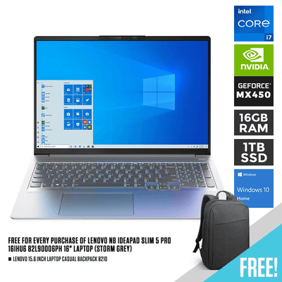 LENOVO NB IDEAPAD SLIM 5 PRO 16" FHD 82L90006PH (STORM GREY) | i7-11370H | 16GB DDR4 | 1TB SSD | MX450 | WIN10 + LENOVO APTOP CASUAL BACKPACK B210 + LENOVO MONITOR D24-20