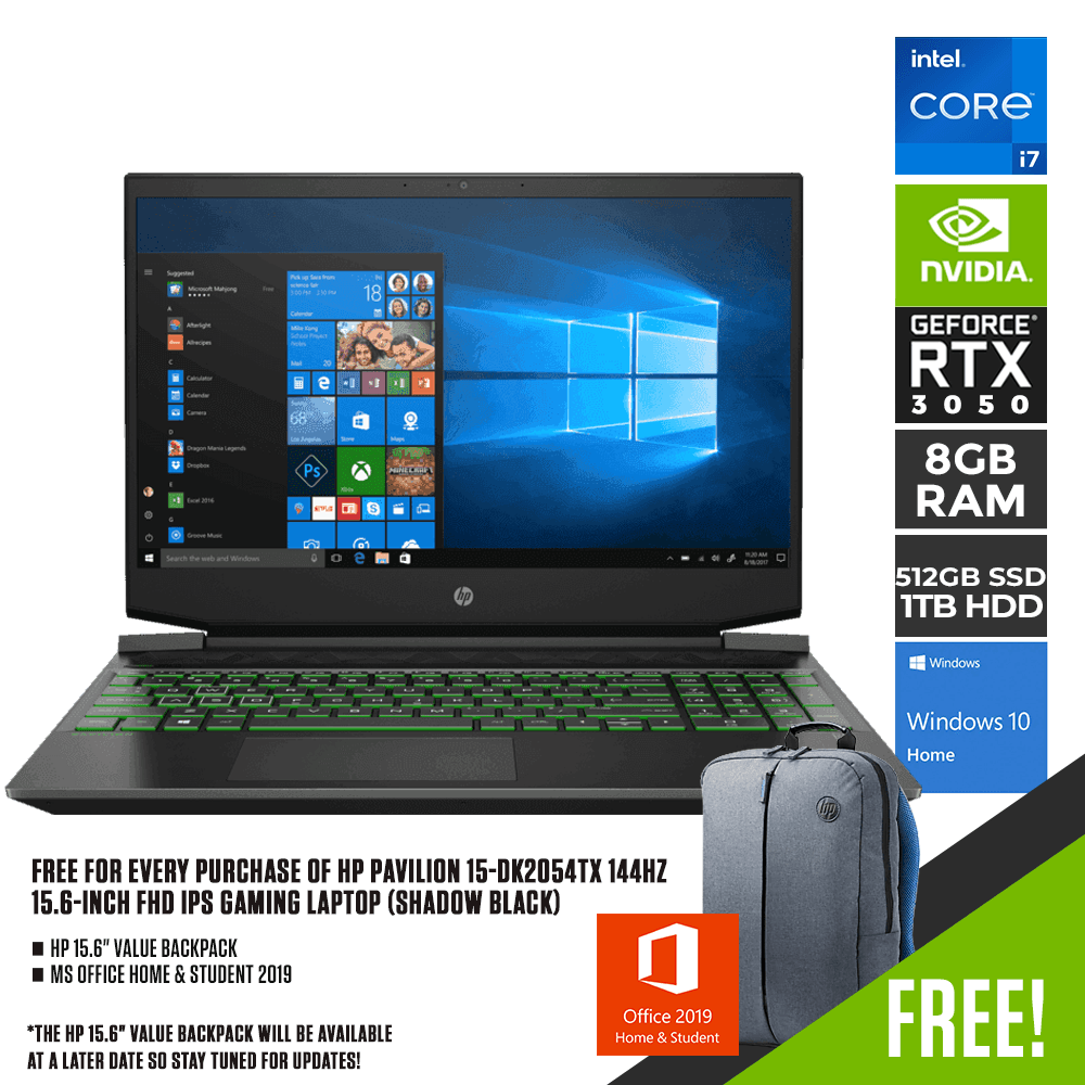 HP PAVILION 15-DK2054TX GAMING LAPTOP (SHADOW BLACK) | 15.6" FHD | i7-11370H | 8GB DDR4 | 512GB SSD + 1TB HDD | RTX 3050 | WIN 10 + MS OFFICE HOME & STUDENT HP PRELUDE TOPLOAD BAG