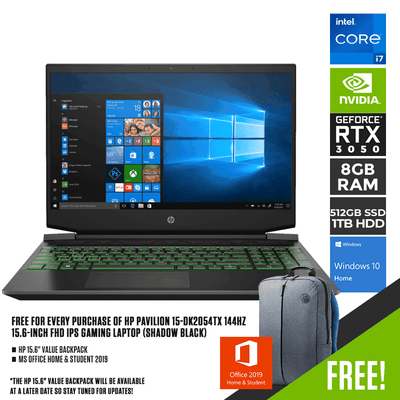 HP PAVILION 15-DK2054TX GAMING LAPTOP (SHADOW BLACK) | 15.6" FHD | i7-11370H | 8GB DDR4 | 512GB SSD + 1TB HDD | RTX 3050 | WIN 10 + MS OFFICE HOME & STUDENT HP PRELUDE TOPLOAD BAG