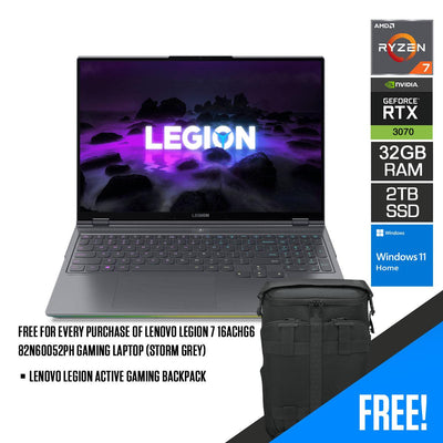 LENOVO Legion 7 16ACHG6 82N60052PH Gaming Laptop (Storm Grey) | 16" WQXGA | Ryzen 7 5800H | 32 GB DDR4 | 2TB SSD | RTX 3070 | Windows 10 | LENOVO Legion Active Gaming Backpack (GX41C86982)