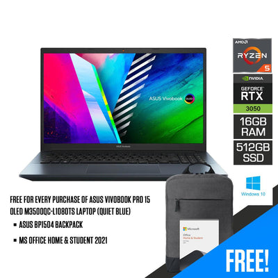 ASUS Vivobook Pro 15 OLED M3500QC-L1080TS Laptop (Quiet Blue) | 15.6" FHD | 16GB DDR4 | 512GB SSD | RTX™ 3050 | Windows 10 Home |  MS Office Home & Student 2021 | ASUS BP1504 Casual Backpack