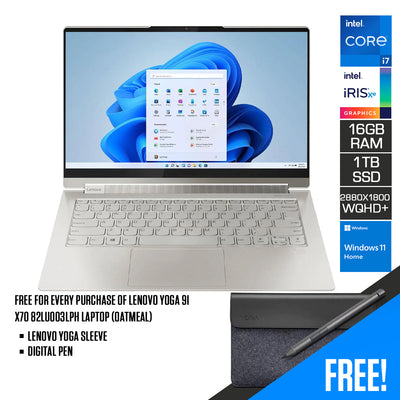 Lenovo Yoga 9I X70 82LU003LPH Laptop (Oatmeal) | 14” 2.8K OLED |  i7-1260P | 16GB LPDDR5 RAM | 1TB M.2 SSD | Intel Iris Xe Graphics | Windows 11 Home | Lenovo Yoga Sleeve | Digital Pen