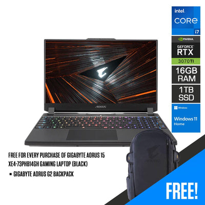 GIGABYTE AORUS 15 XE4-73PHB14GH GAMING LAPTOP (BLACK) | 15.6" QHD | i7-12700H | 16GB DDR4 | 1TB SSD | RTX 3070 TI | WIN11 + GIGABYTE AORUS G2 BACKPACK