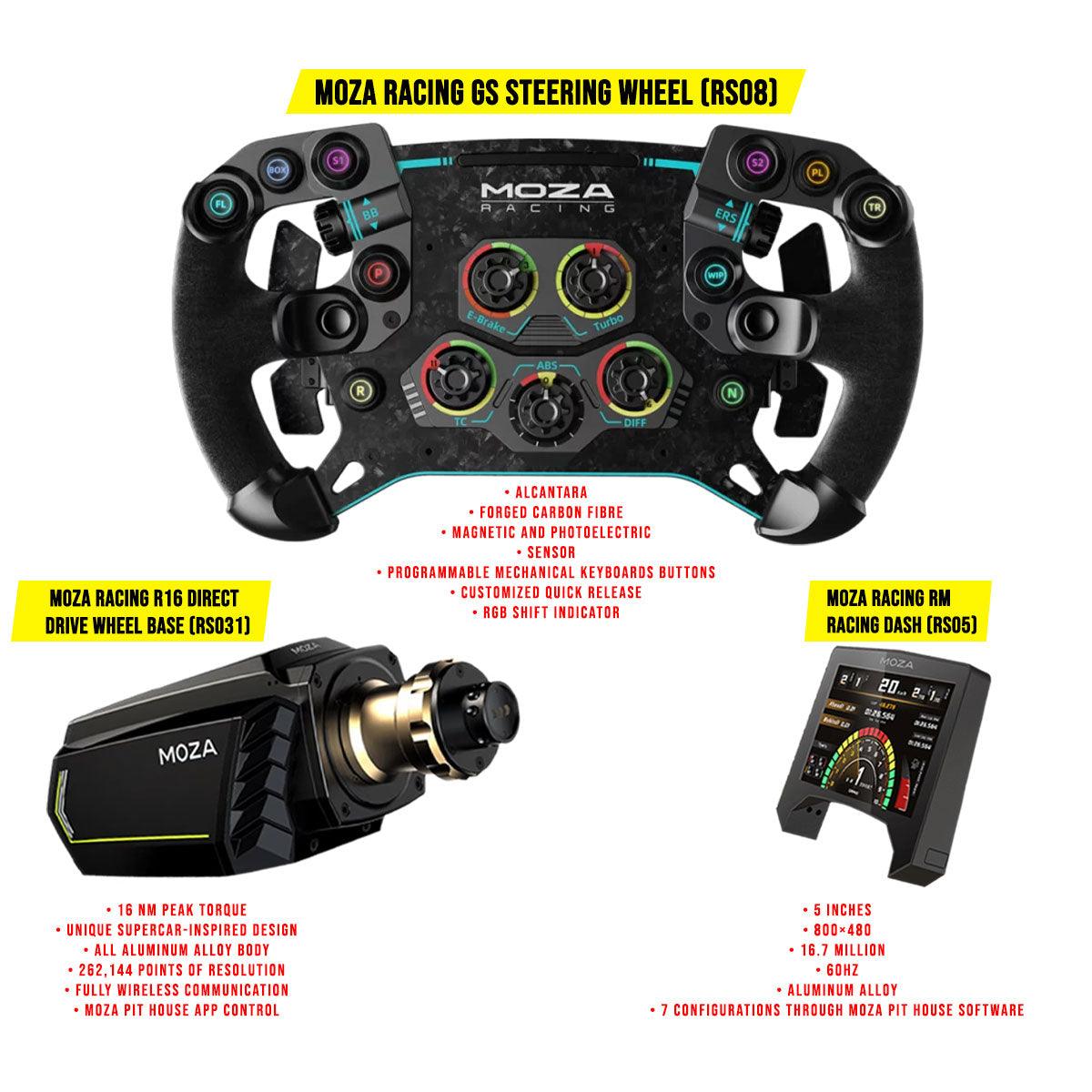 MOZA Racing GS Steering Wheel (RS08) + MOZA Racing R16 Direct Drive Wheel Base (Black) (RS031) + MOZA Racing RM Racing Dash (RS05)