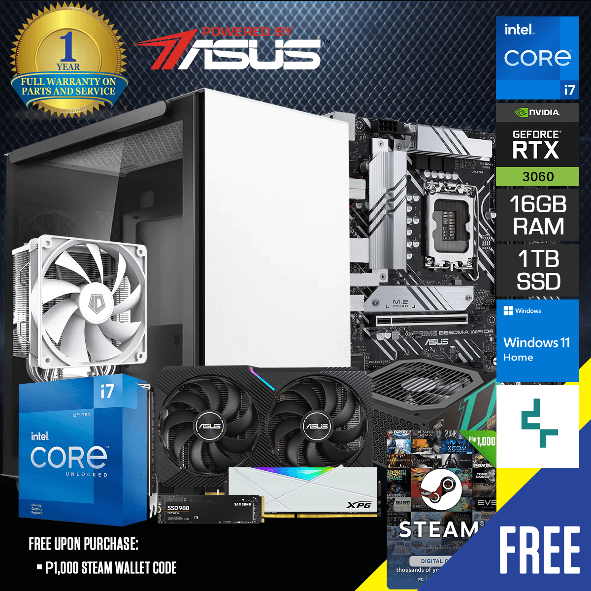 Powered by ASUS: Sigma - Intel RTX 3060 Gaming PC | Core i7 - 12700KF | 16GB DDR4 | 1TB SSD | RTX 3060 | Windows 11 Home