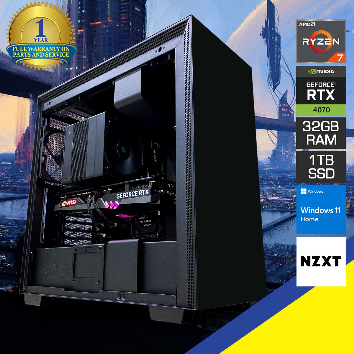 Optima H710 Stealth Build Gaming PC | Ryzen 7 7800X3D | 32 GB RAM | 1 TB SSD | RTX 4070 | Windows 11 Home