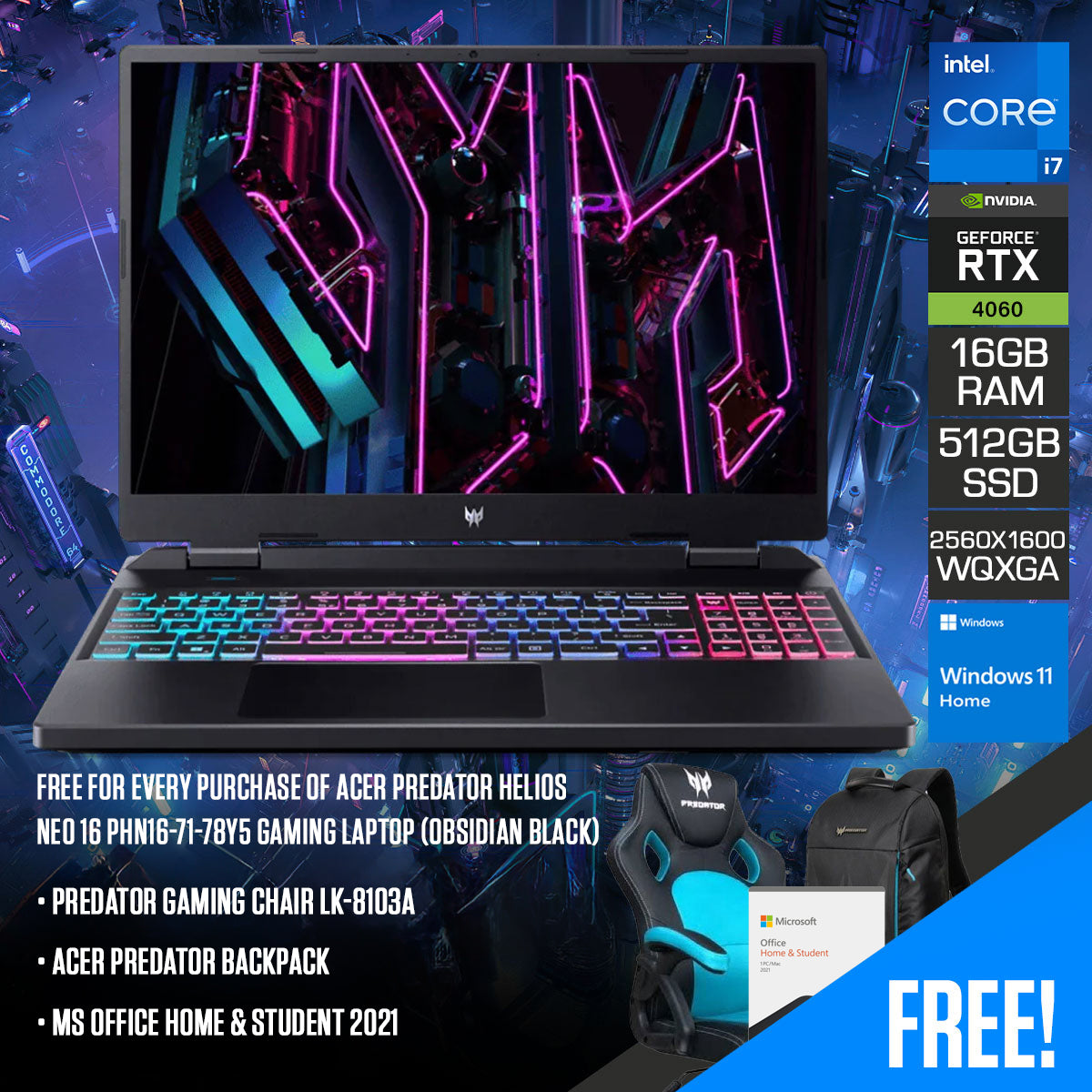 Acer Predator Helios Neo 16 PHN16-71-78Y5 Gaming Laptop (Obsidian Black) | 16" WQXGA 2560X1600 IPS 165HZ | i7-13700HX | 16GB RAM | 512GB SSD | RTX 4060 | WIN 11 Home | MS Office Home & Student 2021 | Acer Predator Backpack | Predator Gaming Chair LK-8103A