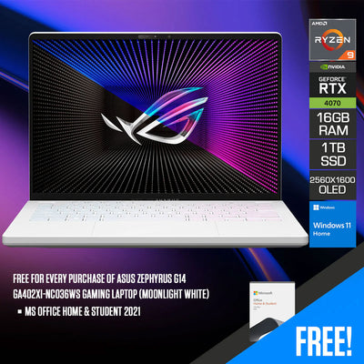 Asus Zephyrus G14 GA402XI-NC036WS Gaming Laptop (Moonlight White) 14" WQXGA Mini Led 165HZ R9-7940HS 1TB PCIE4 SSD 8GB GDDR6 + 16GB X 2 RTX 4070 Win 11 Home MS Office Home & Student 2021