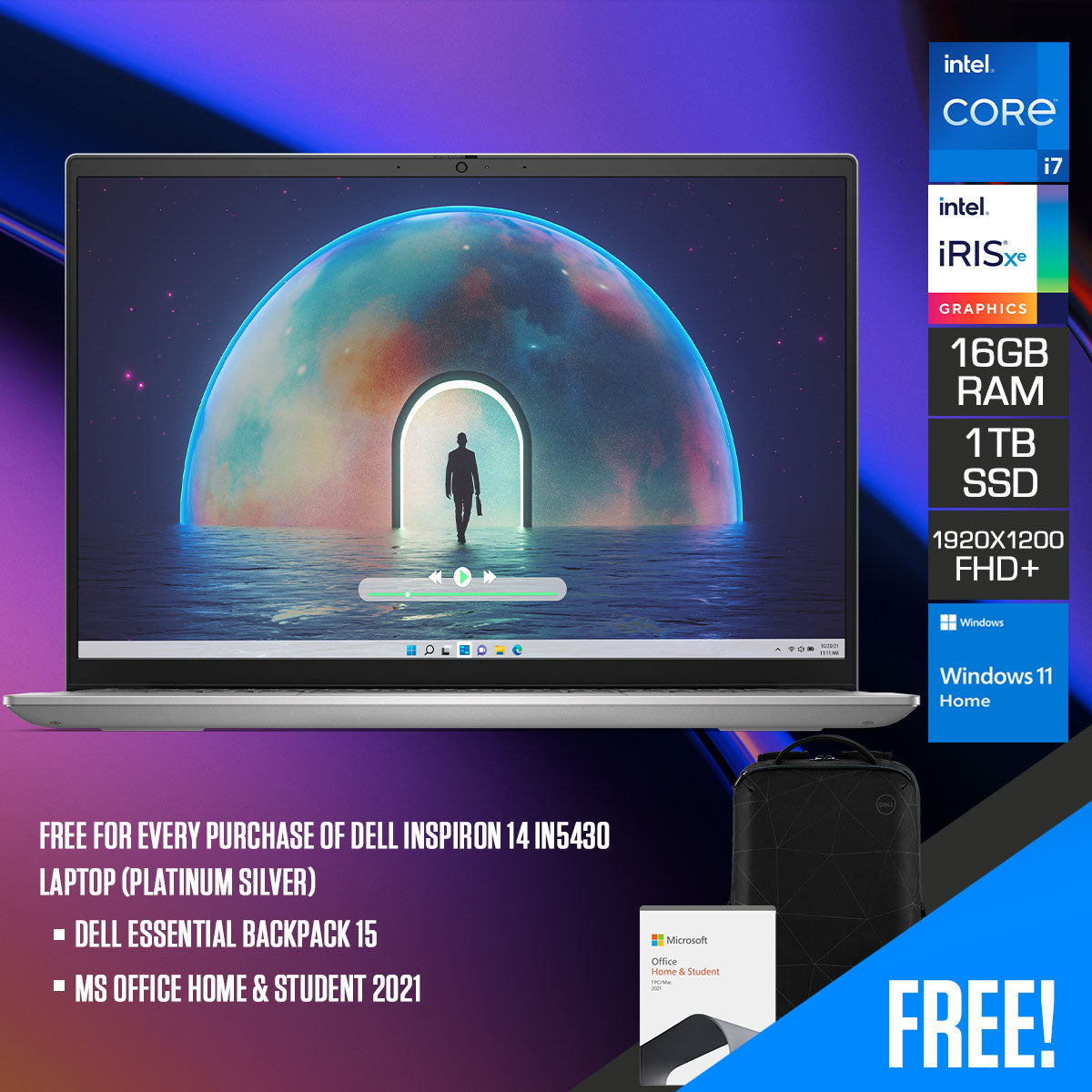 Dell Inspiron 14 IN5430 Laptop (Platinum Silver) | 14" FHD+ (1920x1200) | i7-1360P | 16GB RAM | 1TB SSD | Intel Iris Xe Graphics | Windows 11 Home | MS Office Home & Student 2021 | Dell Essential Backpack 15