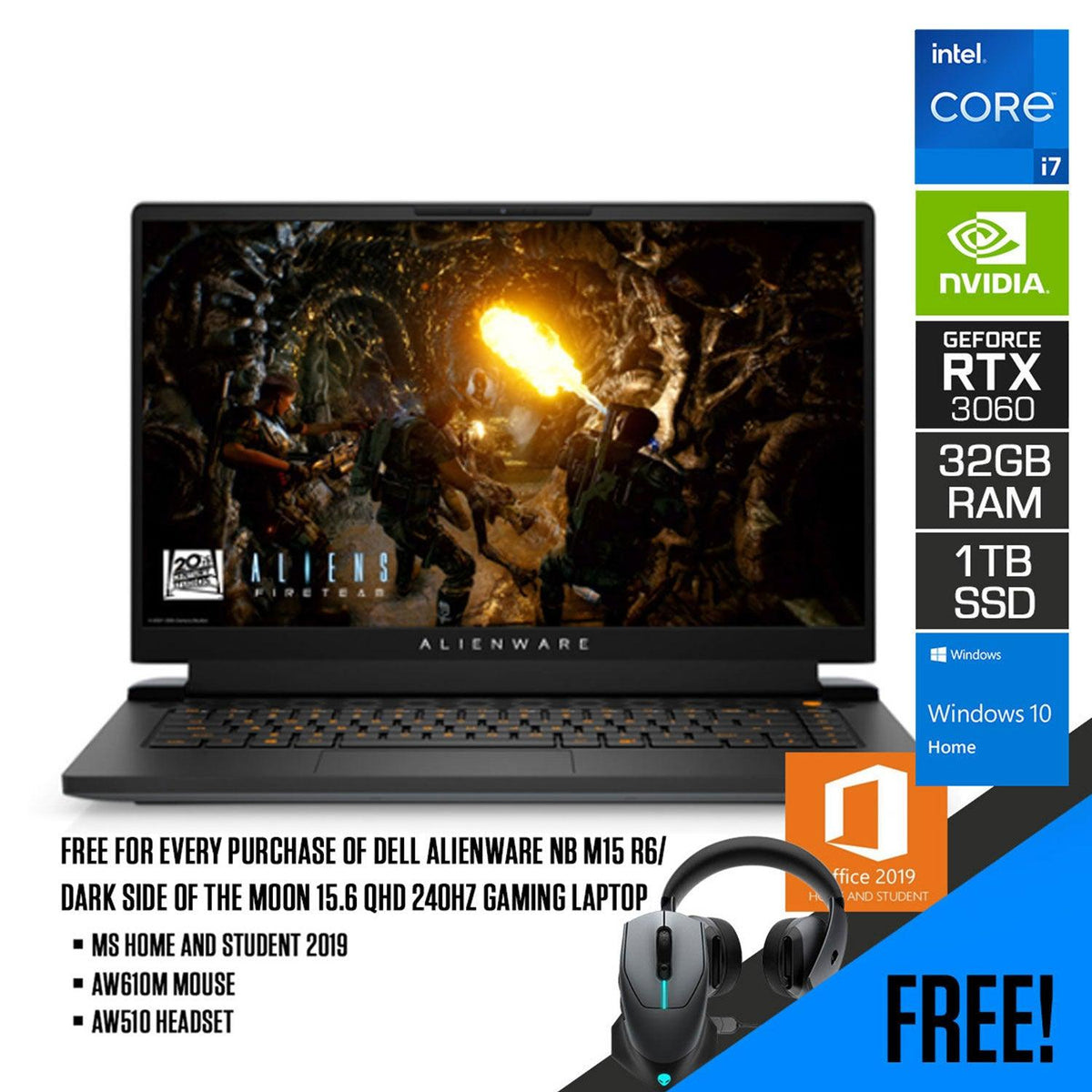 DELL  Alienware NB M15 R6/ Dark Side of the Moon Gaming Laptop | 15.6" QHD | i7 11800H | 32GB | 1TB SSD | RTX 3060 | WIN10 | MS Office Home and Student 2019 | AW610M Mouse | AW510 Headset