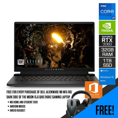 DELL  Alienware NB M15 R6/ Dark Side of the Moon Gaming Laptop | 15.6" QHD | i7 11800H | 32GB | 1TB SSD | RTX 3060 | WIN10 | MS Office Home and Student 2019 | AW610M Mouse | AW510 Headset