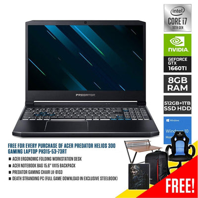 ACER PREDATOR HELIOS 300 PH315-53-73RT GAMING LAPTOP| 15.6" FHD | i7-10750H | 8GB DDR4 | 512GB SSD | 1TB HDD |GTX 1660 TI | GAMING CHAIR LK-8103 + NOTEBOOK BAG VX15+ FOLDING WORKSTATION DESK + DEATH STRANDING (PC-DIGITAL)