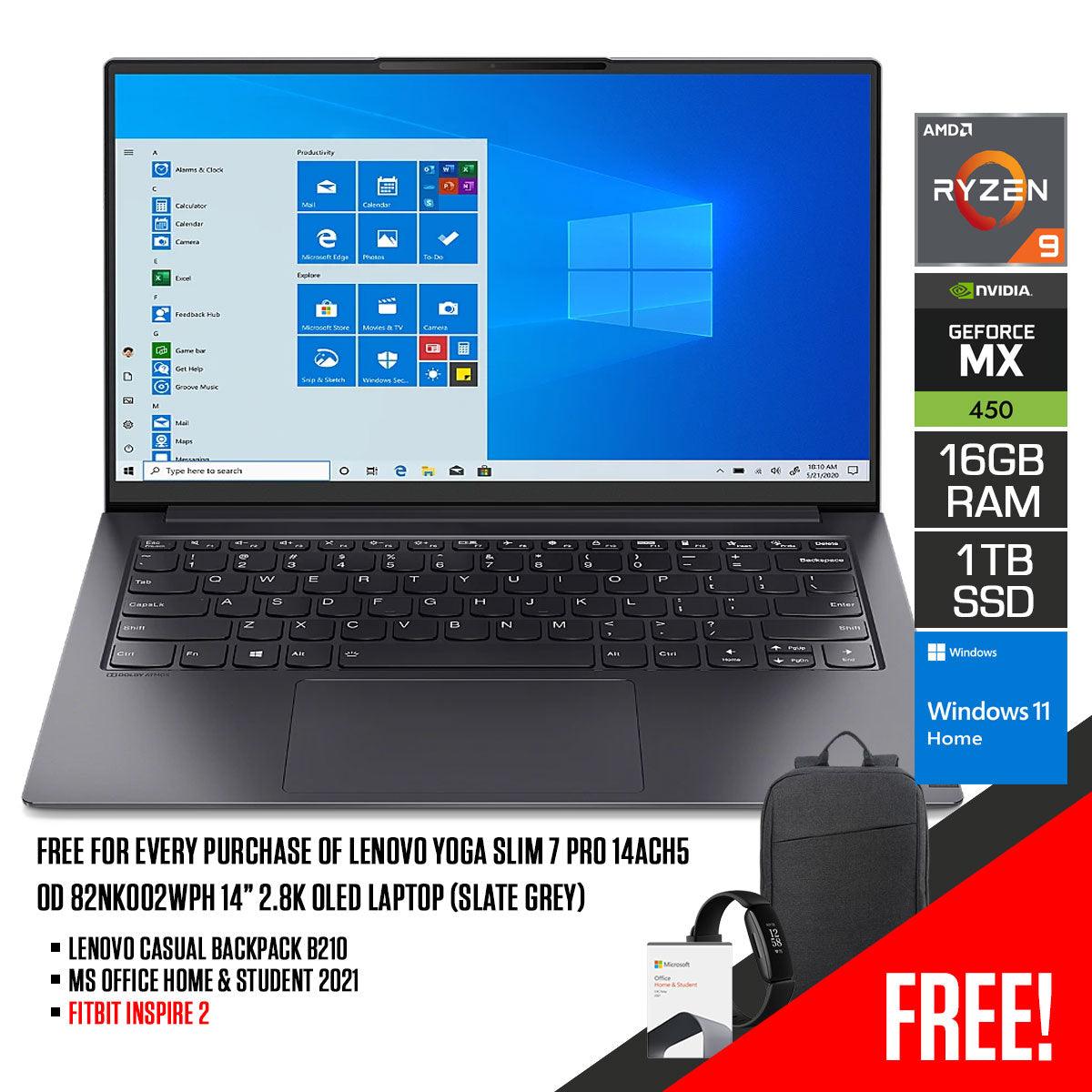 LENOVO Yoga Slim 7 Pro 14ACH5 OD 82NK002XPH Laptop (Slate Grey)  | 14”  2.8K Oled | Ryzen 9 5900HS  | 16GB RAM DDR4 | 1TB SSD | MX450 | Windows 11 Home | MS Office Home & Student 2021 | Lenovo Casual Backpack B210